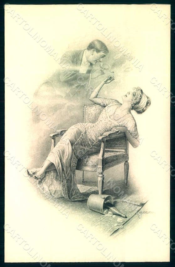 Artist Signed Kuderna Lady Man Smoke MM Vienne 699 postcard HR1194 – fronte