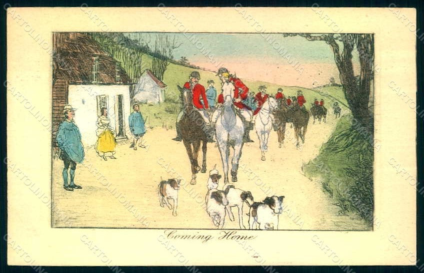 Artist Signed Men Fox Hunting Dog Horse Hand Painted Verdier 706 postcard HR1197 – fronte