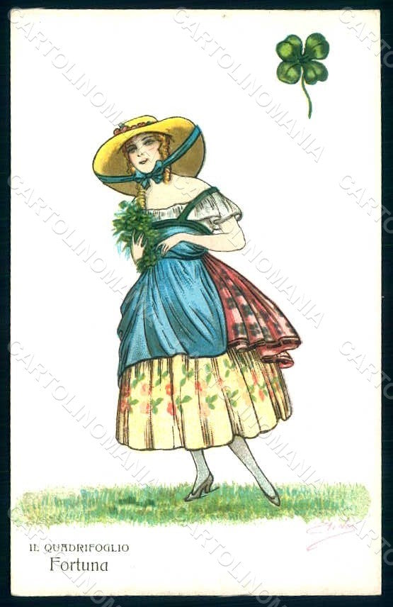 Artist Signed Minos Gazzera Lady Four Leaf Clover Lucky Charm s. 6004 pc HR1256 – fronte