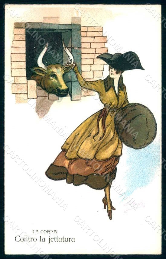 Artist Signed Minos Gazzera Lady The Horns Lucky Charm s. 6004 postcard HR1257 – fronte