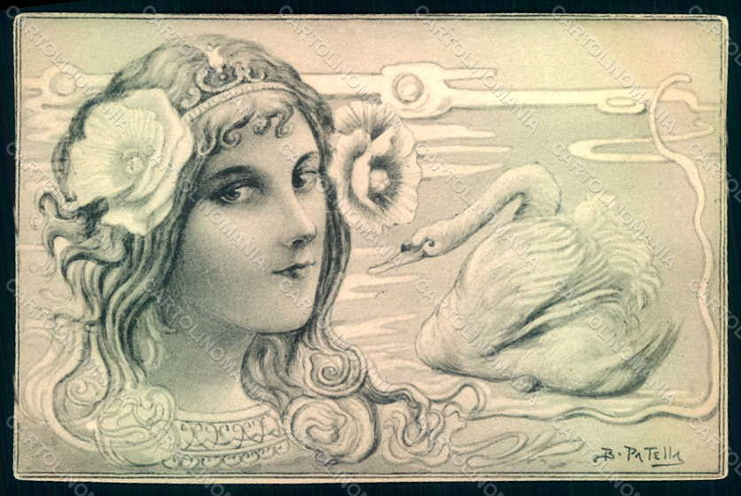 Artist Signed Patella Lady Art Nouveau Swan postcard HR1307 – fronte