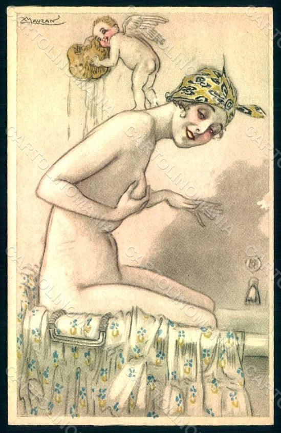 Artist Signed Mauzan Lady Risque Cupid Bath Tub serie 3-1 ABRADED pc HR1334 – fronte