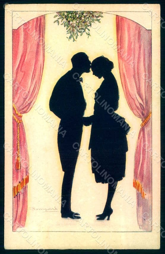 Artist Signed Bompard Lady Couple Silhouette Kiss Mistletoe s. 1707-2 pc HR1383 – fronte