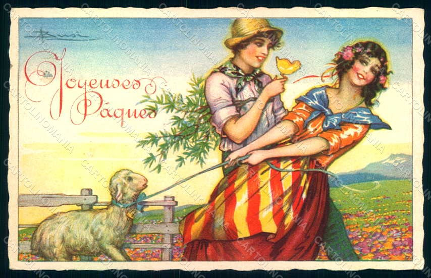Artist Signed Busi Lady Couple Easter Lamb Degami 846 CORNER CREASED pc HR1387 – fronte