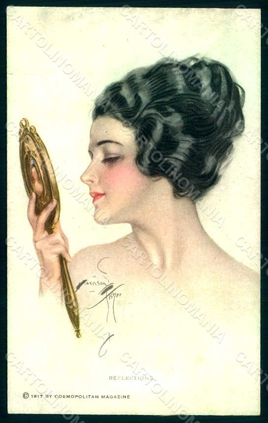 Artist Signed Fisher H. Lady Mirror Reflections Reinthal 870 postcard HR1453 – fronte