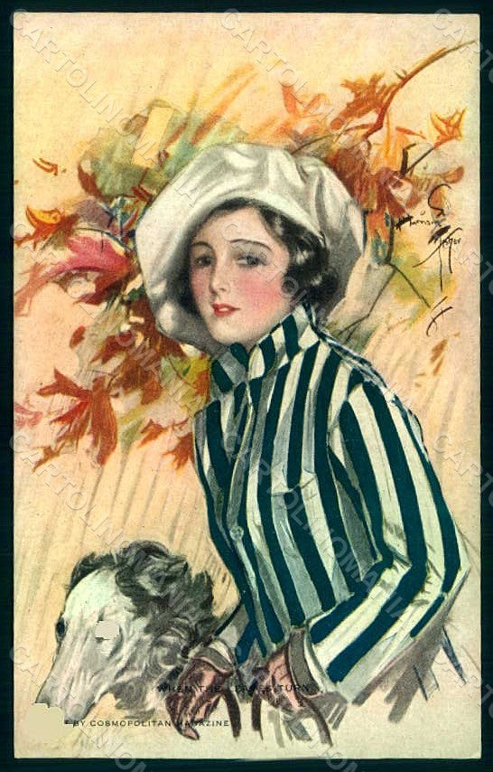 Artist Signed Fisher H. Fashion Lady Mode Borzoi Dog Reinthal 866 pc HR1454 – fronte