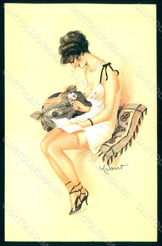Artist Signed Lassard Fashion Risque Lady Stocking postcard HR1467 – fronte