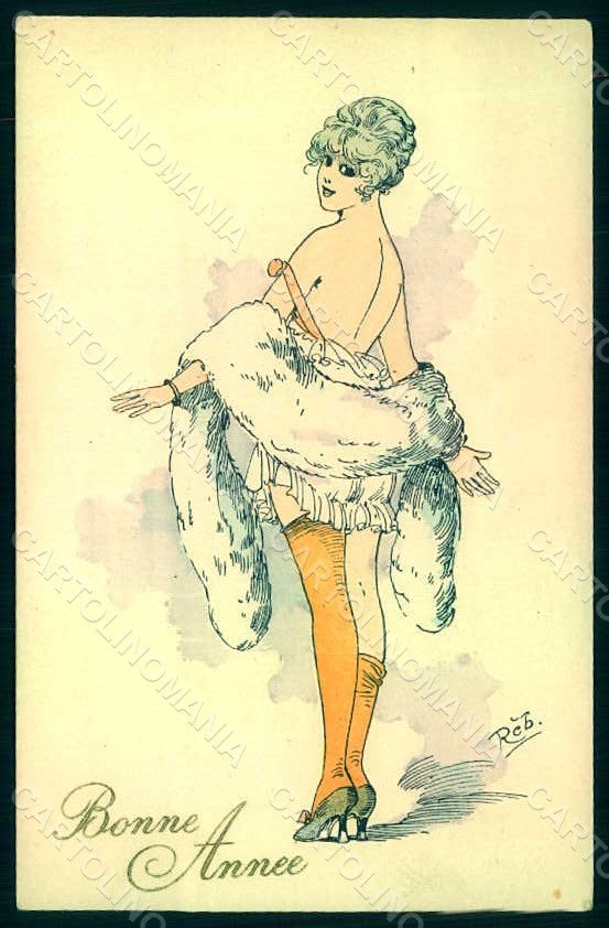 Artist Signed Reb Fashion Risque Lady Stocking Hand Painted postcard HR1469 – fronte