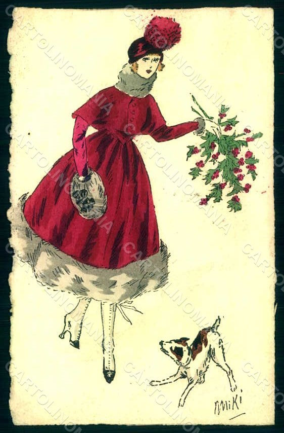 Artist Signed Miki Glamour Fashion Lady Mode Dog Hand Painted postcard HR1471 – fronte
