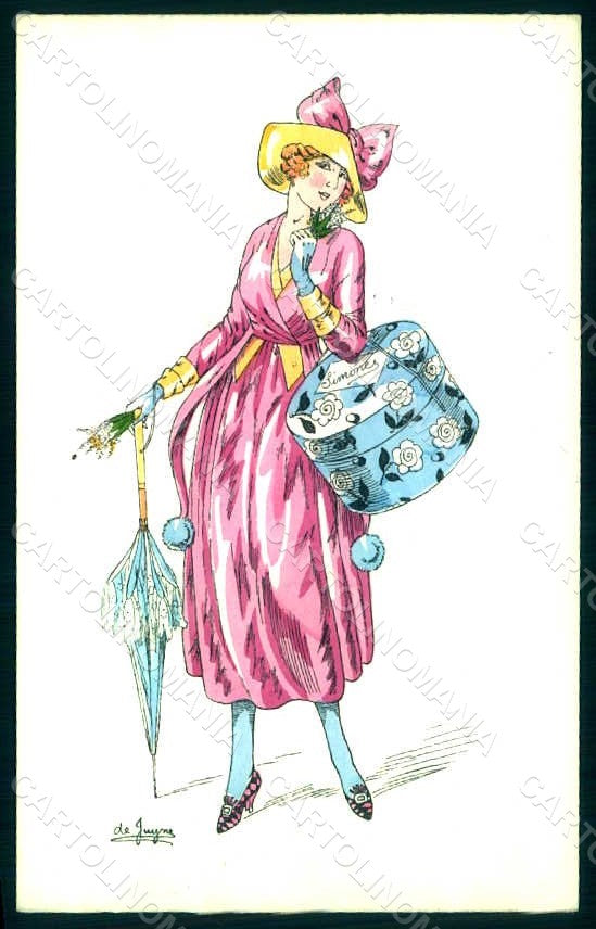 Artist Signed De Juyne Glamour Fashion Lady Mode Hand Painted Picot pc HR1476 – fronte