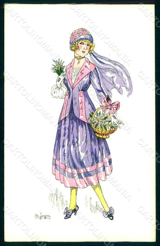 Artist Signed De Juyne Glamour Fashion Lady Mode Hand Painted Picot pc HR1477 – fronte