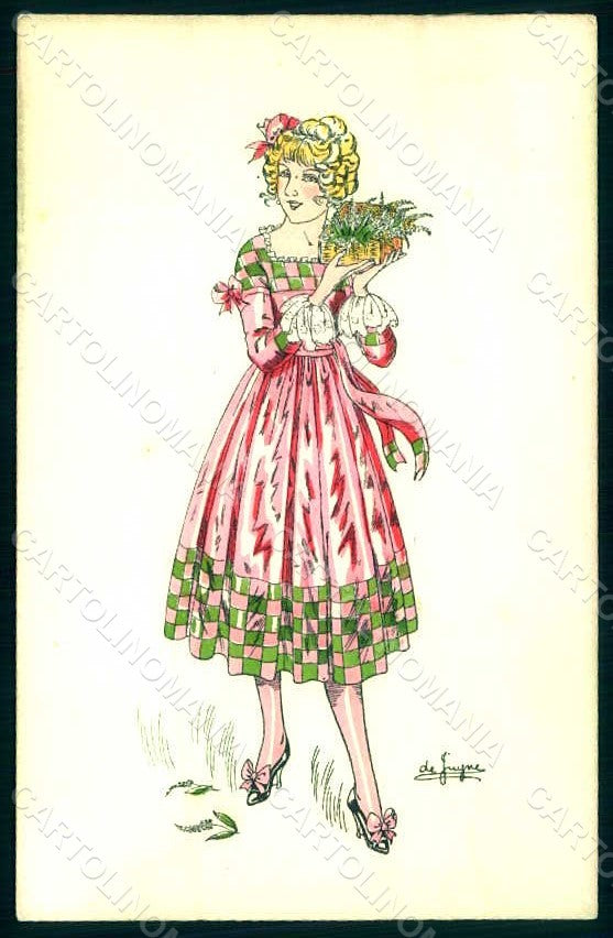 Artist Signed De Juyne Glamour Fashion Lady Mode Hand Painted Picot pc HR1478 – fronte
