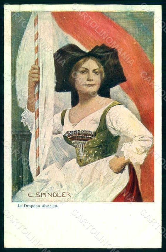 Artist Signed Spindler Lady Propaganda WW1 Flag Drapeau Alsacien postcard HR1486 – fronte