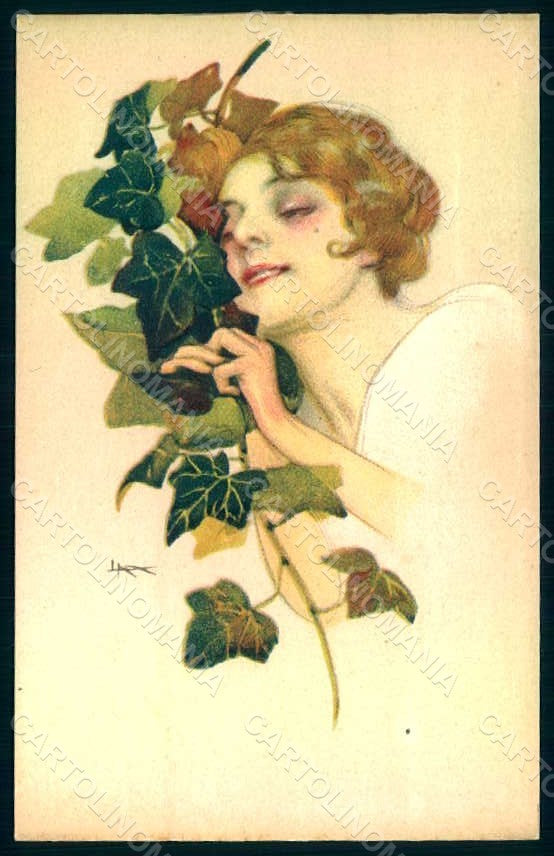 Artist Signed Metlicovitz Lady Flowers Ivy Plants serie 141-1 postcard HR1728 – fronte