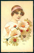 Artist Signed Metlicovitz Lady Flowers serie 141-3 postcard HR1730 – fronte