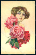 Artist Signed Metlicovitz Lady Flowers Roses serie 141-6 postcard HR1733 – fronte