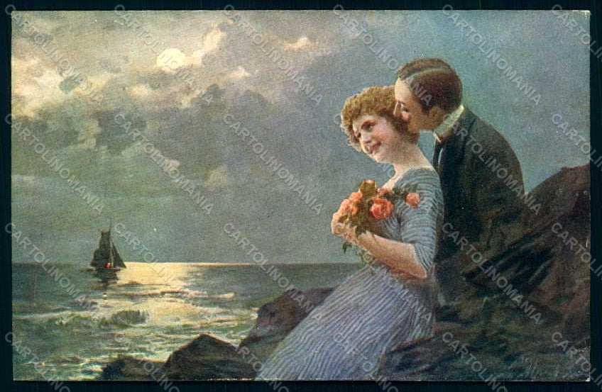 Artist Signed Marchisio Lady Romantic Couple Moon serie 1028 postcard HR1766 – fronte