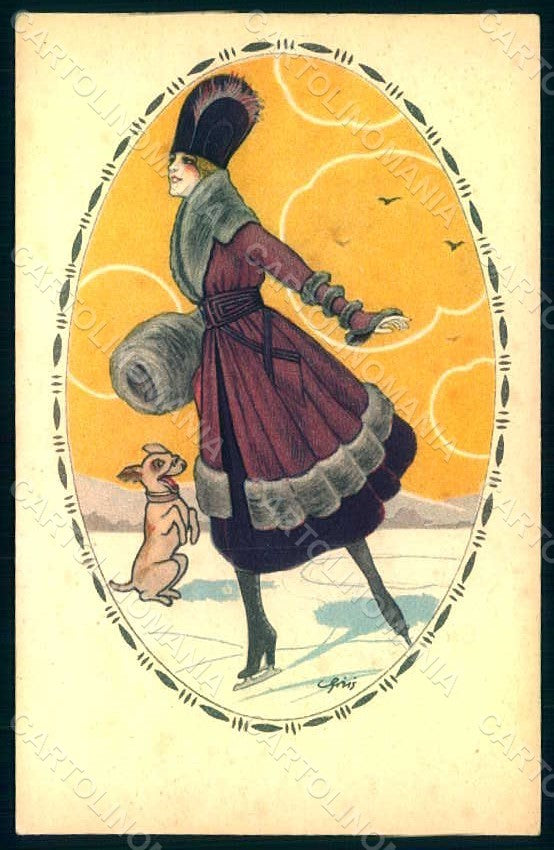 Artist Signed Giris Glamour Fashion Lady Mode Dog serie 44-3 postcard HR1780 – fronte