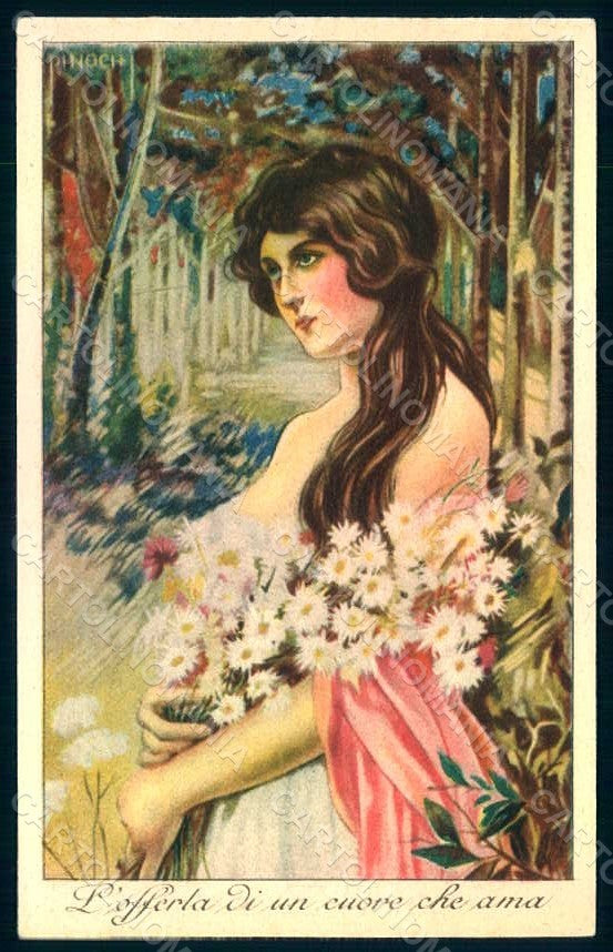 Artist Signed Pinochi Lady Flowers serie 203 postcard HR1787 – fronte