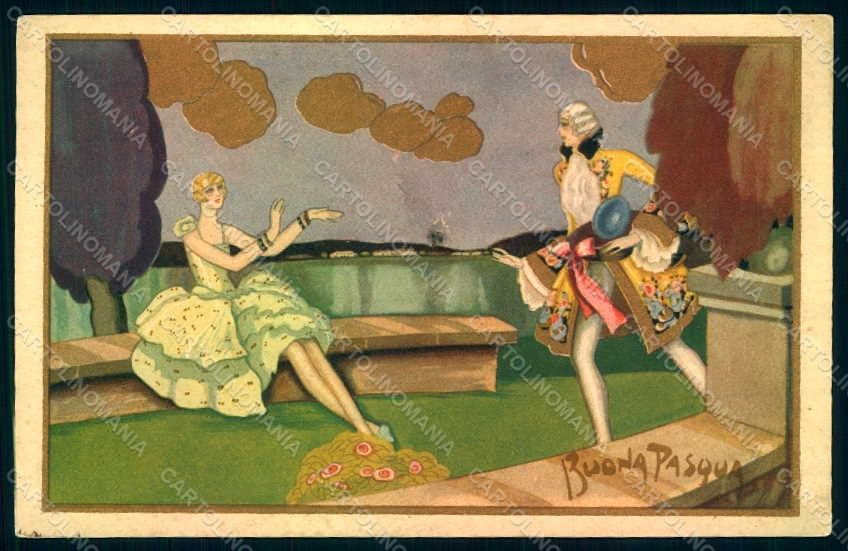Artist Signed Lady Romantic Couple Art Deco Degami 3518 ABRADED postcard HR1797 – fronte