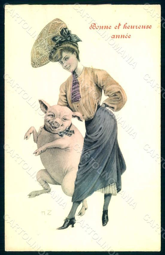 Artist Signed Zasche Lady Art Nouveau Pid New Year serie 212 postcard HR1815 – fronte