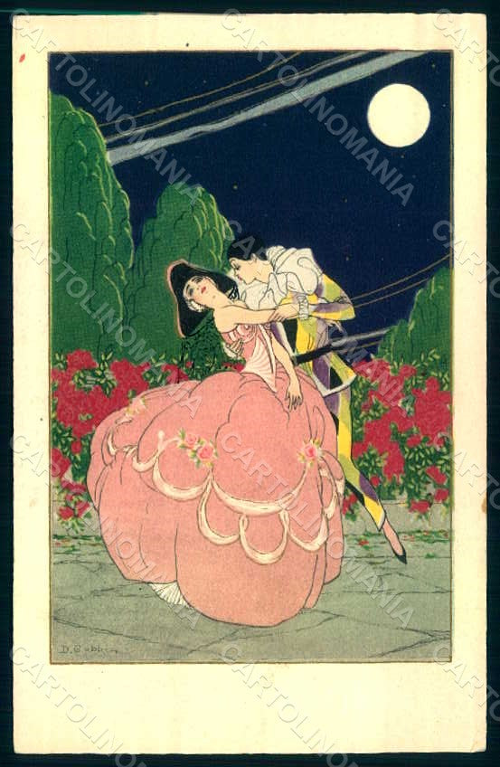 Artist Signed Gobbi Lady Art Deco Moon Pierrot s. 2474 CORNER CREASED pc  HR1818 – fronte