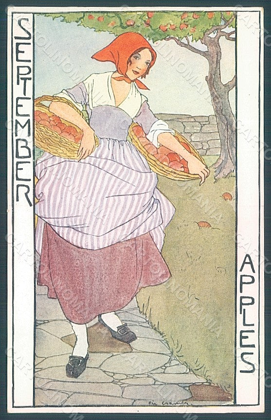Artist Signed Rie Cramer Lady September Apples Seasons serie 134 postcard HR1999 – fronte
