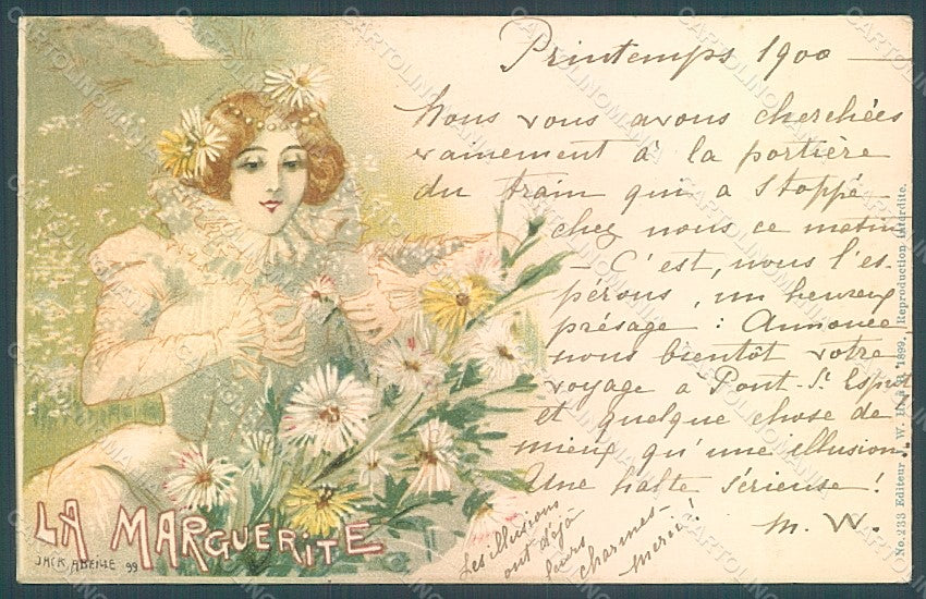 Artist Signed Abeille Lady La Marguerite Art Nouveau serie 233 postcard HR2005 – fronte