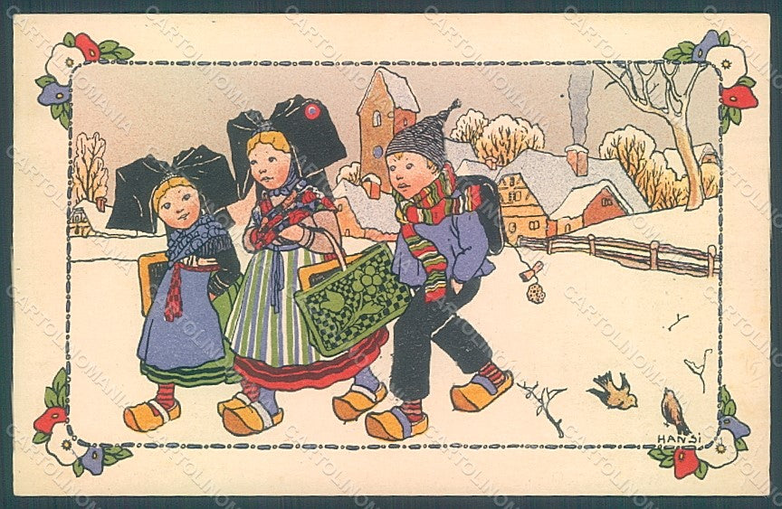 Artist Signed Hansi Children Alsace Winter CORNER CREASED postcard HR2008 – fronte