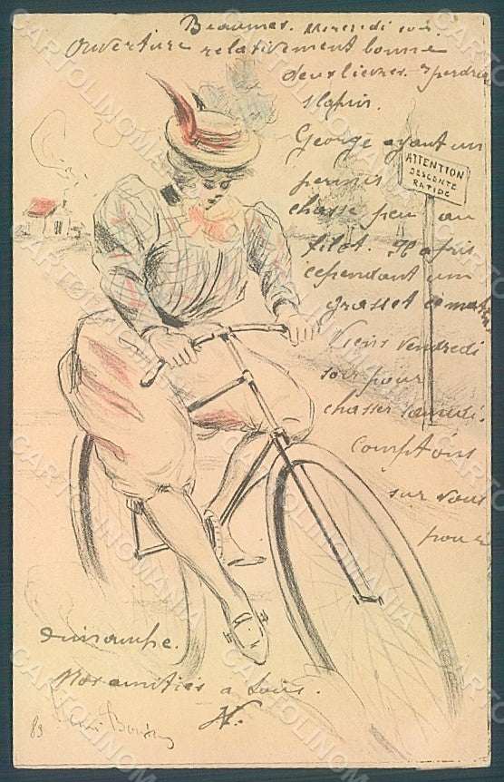Artist Signed Boutet H. Lady Bicycle Art Nouveau LITTLE CORNER CREASE pc HR2013 – fronte