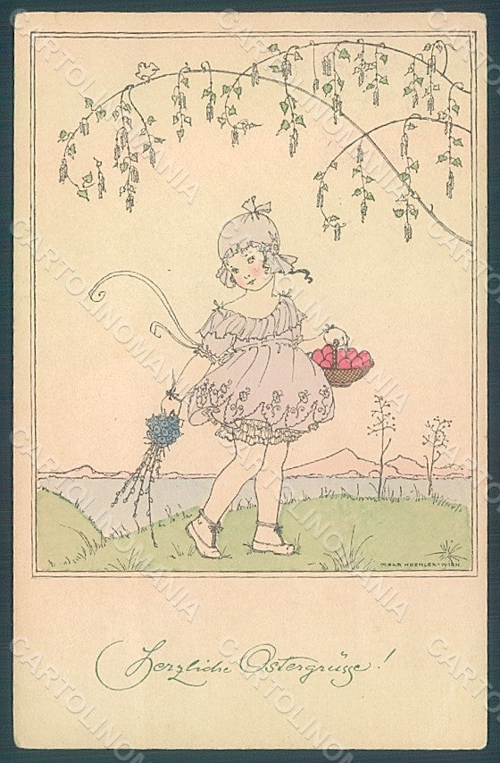 Artist Signed Koehler Mela Girl Child M.M. Vienne 1181 CORNER CREASED pc HR2024 – fronte