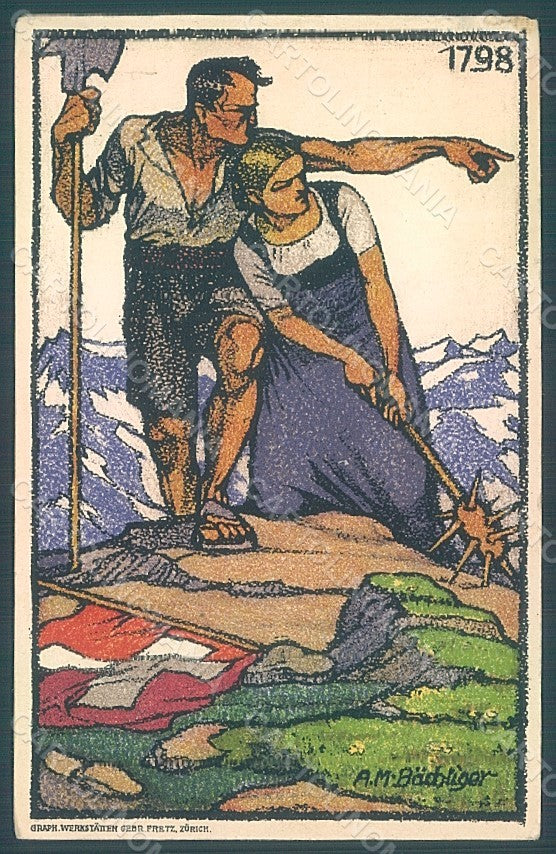 Artist Signed Bachliger Couple Carte Fete Nationale Swisse UNGLUED pc HR2025 – fronte