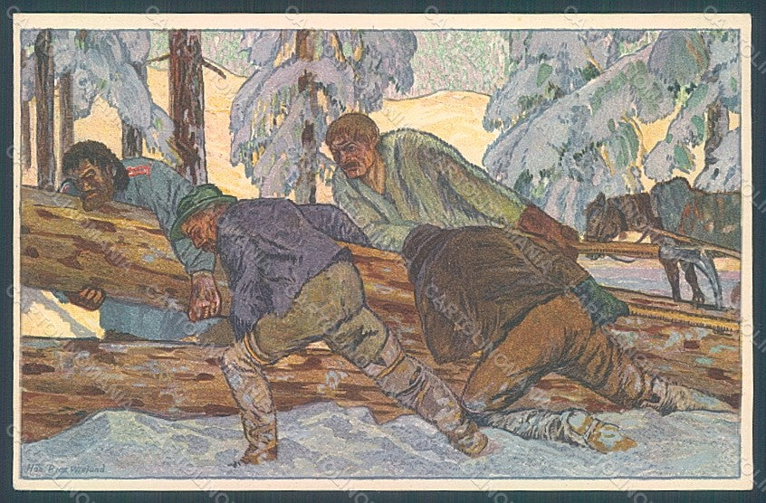 Artist Signed Hans Beat Wieland Men Lumberjack Horse Swisse postcard HR2026 – fronte