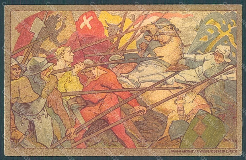 Artist Signed Dunk Men Battle Horse Flag Swisse CORNER CREASED postcard HR2027 – fronte