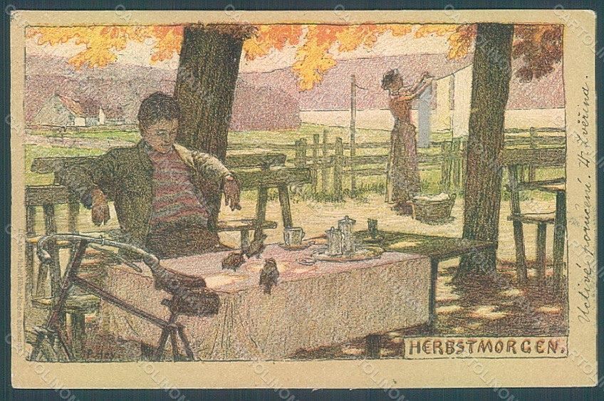 Artist Signed Hey P. Lady Man Herbstmorgen postcard HR2029 – fronte