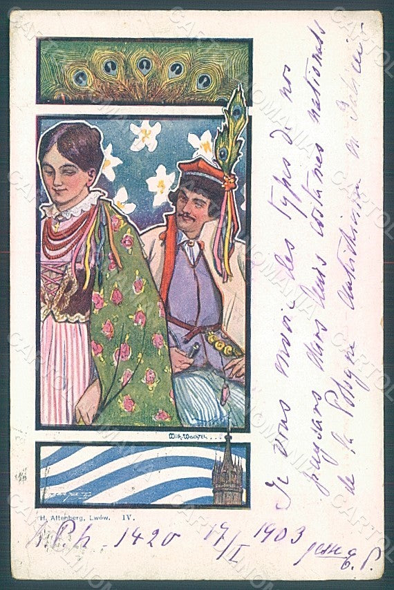 Artist Signed Wachtel Lady Art Nouveau Polish Folklore postcard HR2049 – fronte