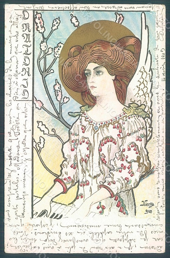 Artist Signed Kieszko Lady Art Nouveau Piano CORNERS CREASED postcard HR2051 – fronte