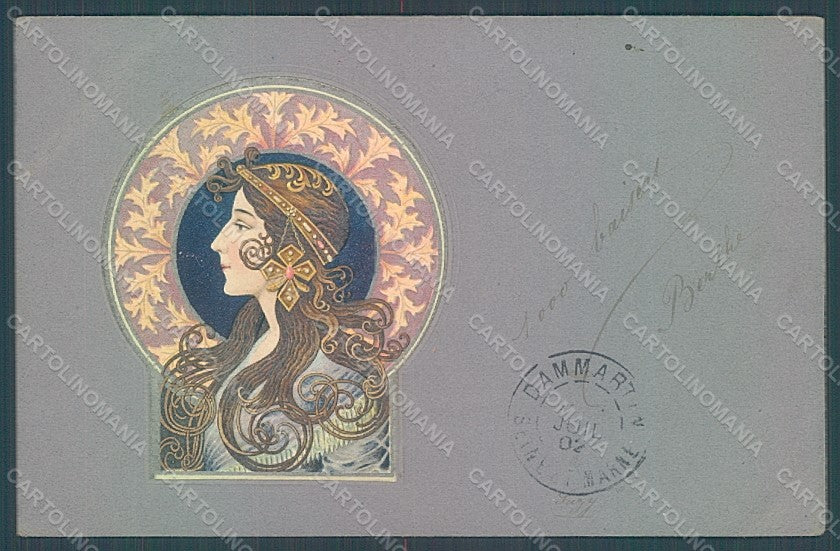 Artist Signed Lady Art Nouveau Byzantine Head CORNER CREASE UNGLUED pc HR2052 – fronte