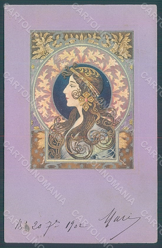 Artist Signed Lady Art Nouveau Byzantine Head UNGLUED Relief postcard HR2055 – fronte