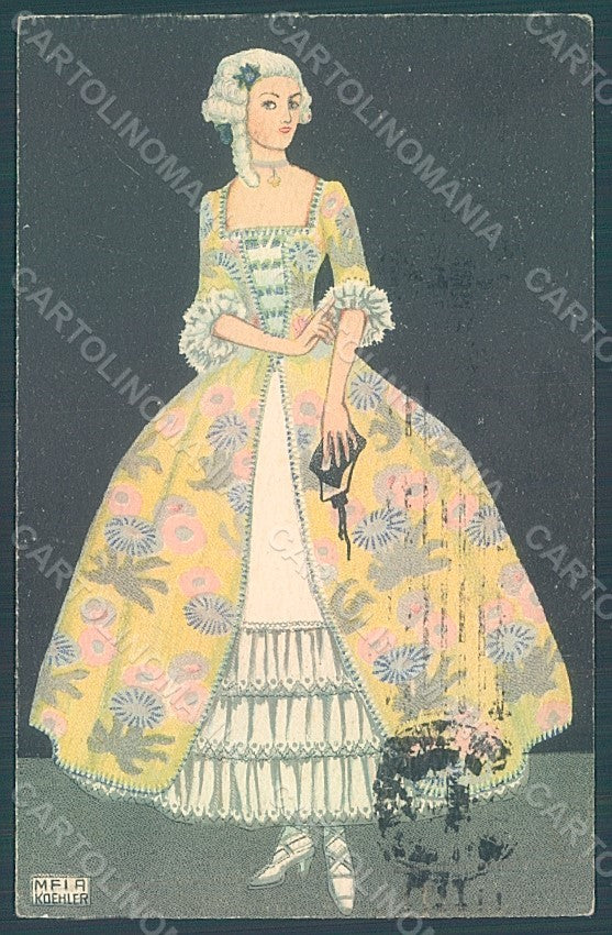 Artist Signed Koehler Lady Fashion Mode Art Nouveau BKWI 384-4 WRINKLE pc HR2071 – fronte