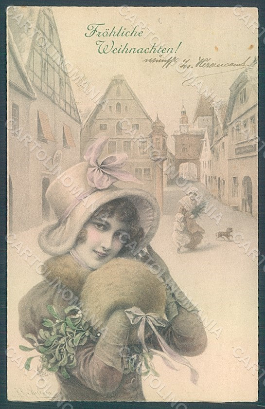 Artist Signed Wichera Lady Christmas Winter M.M. Vienne 336 postcard HR2113 – fronte