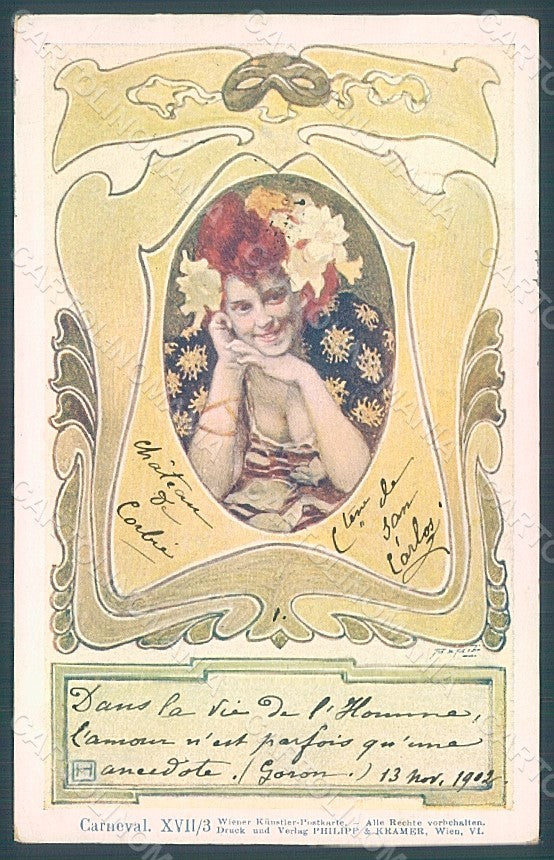 Artist Signed Hampel Lady Art Nouveau Philipp & Kramer Carneval XVII-3 pc HR2119 – fronte
