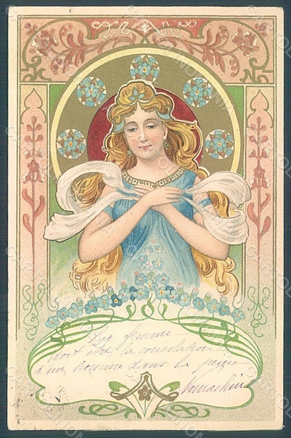 Artist Signed Lady Art Nouveau Myosotis Flowers WRINKLES postcard HR2125 – fronte