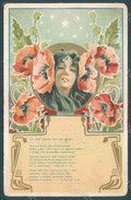 Artist Signed Muttich Lady Art Nouveau Poppies Flowers TEARED postcard HR2127 – fronte
