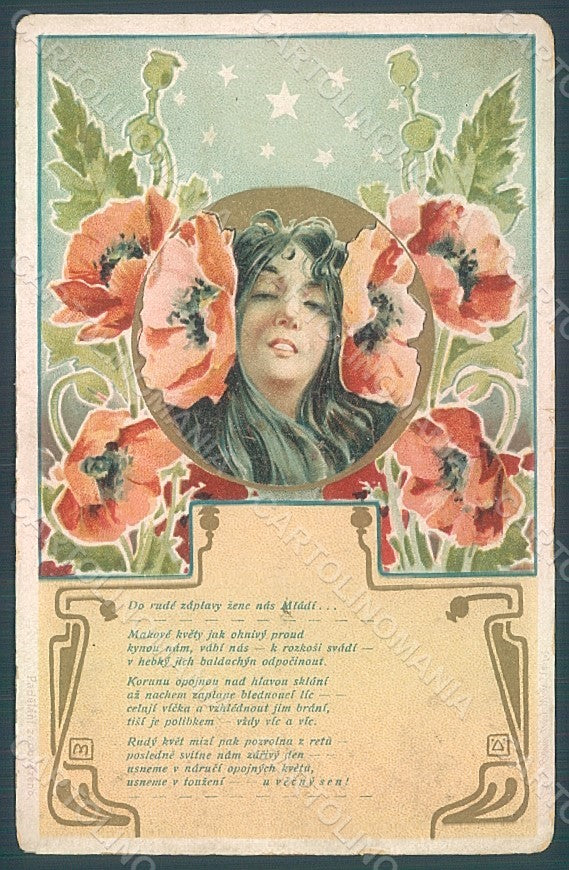 Artist Signed Muttich Lady Art Nouveau Poppies Flowers TEARED postcard HR2127 – fronte