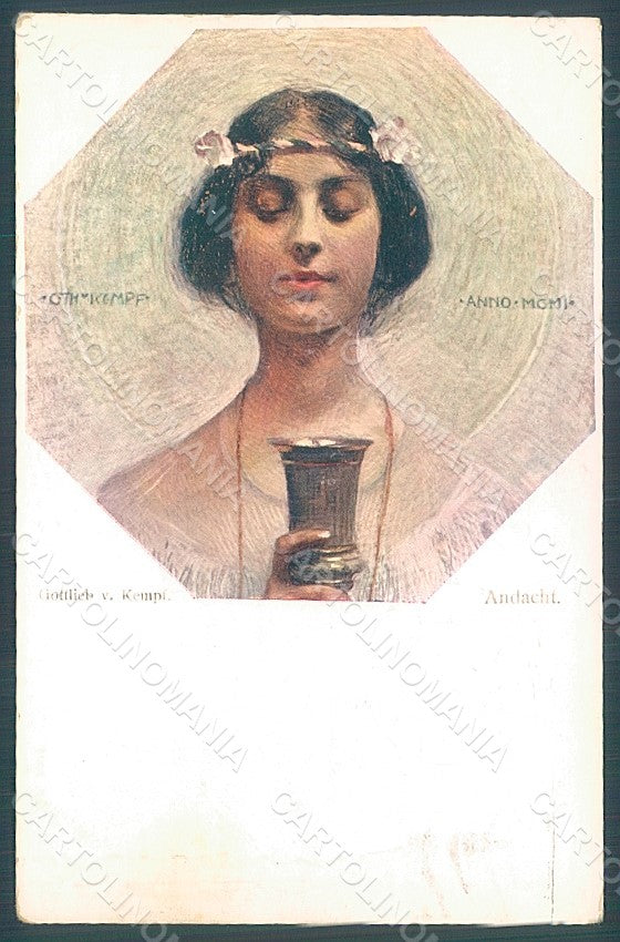 Artist Signed Kempf Lady Art Nouveau Andacht BKWI serie 1005 postcard HR2128 – fronte