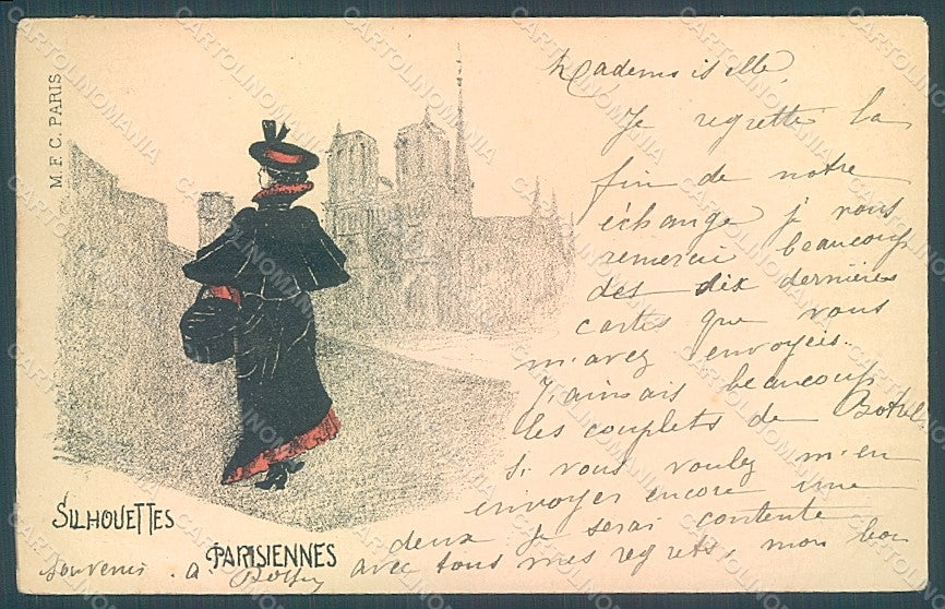 Artist Signed Lady Art Nouveau Silhouettes Parisiennes CORNER CREASES pc HR2139 – fronte