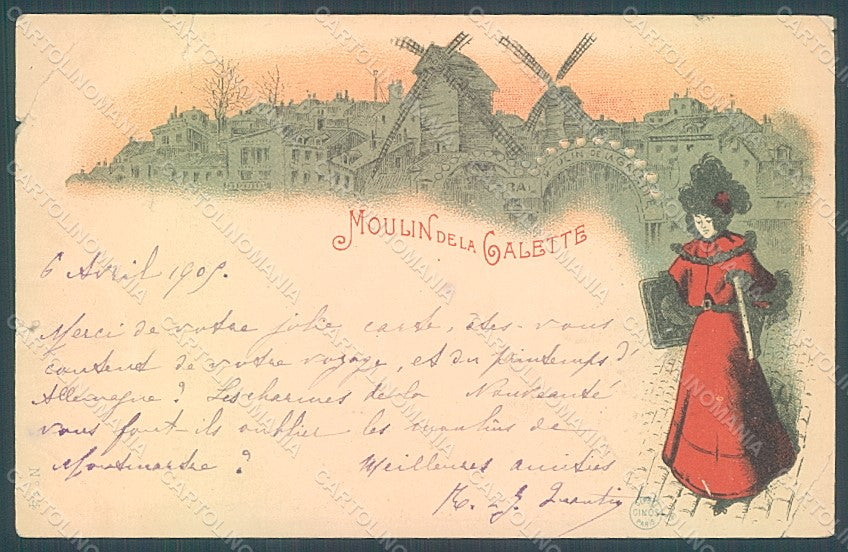Artist Signed Lady Art Nouveau Cinos Moulin Galette TEARED CREASED pc HR2140 – fronte