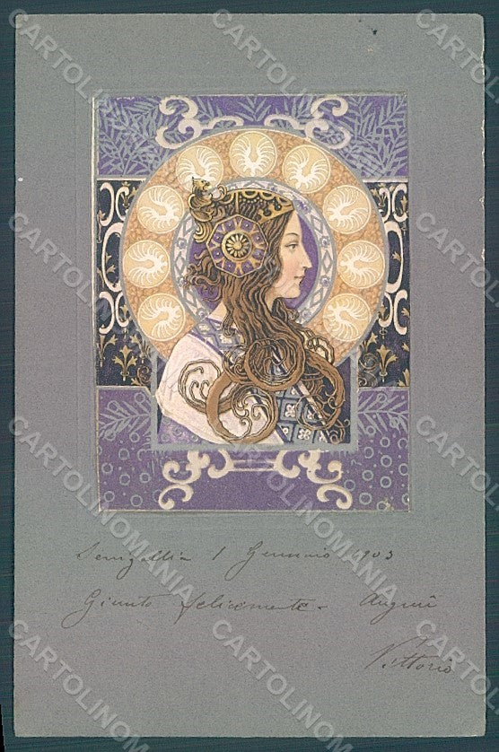 Artist Signed Lady Art Nouveau Byzantine Heads ABRADED Relief postcard HR2150 – fronte