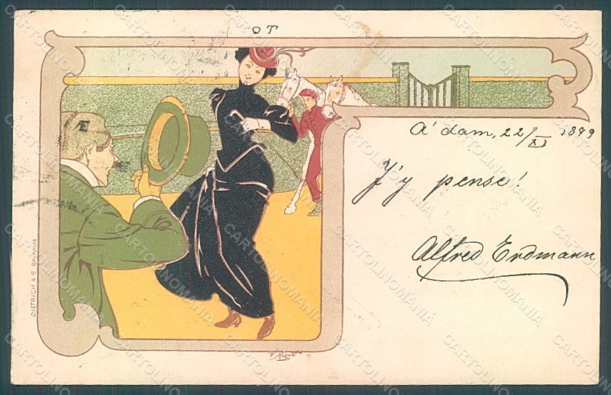 Artist Signed Mignot Lady Art Nouveau Sidesaddle Horse Racing Sport pc HR2173 – fronte